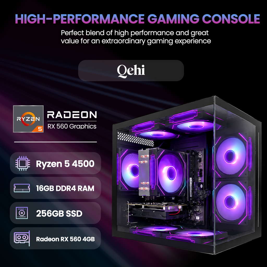 Prebuilt Gaming Desktop PC，Ryzen 5 4500(6Core-3.6G Up to 4.1G) 16GB DDR4 RAM | 256GB SSD| RX560 4G GPU | Wi-Fi 6 | 8 RGB Fans,for Home Office Gaming Tower Computer