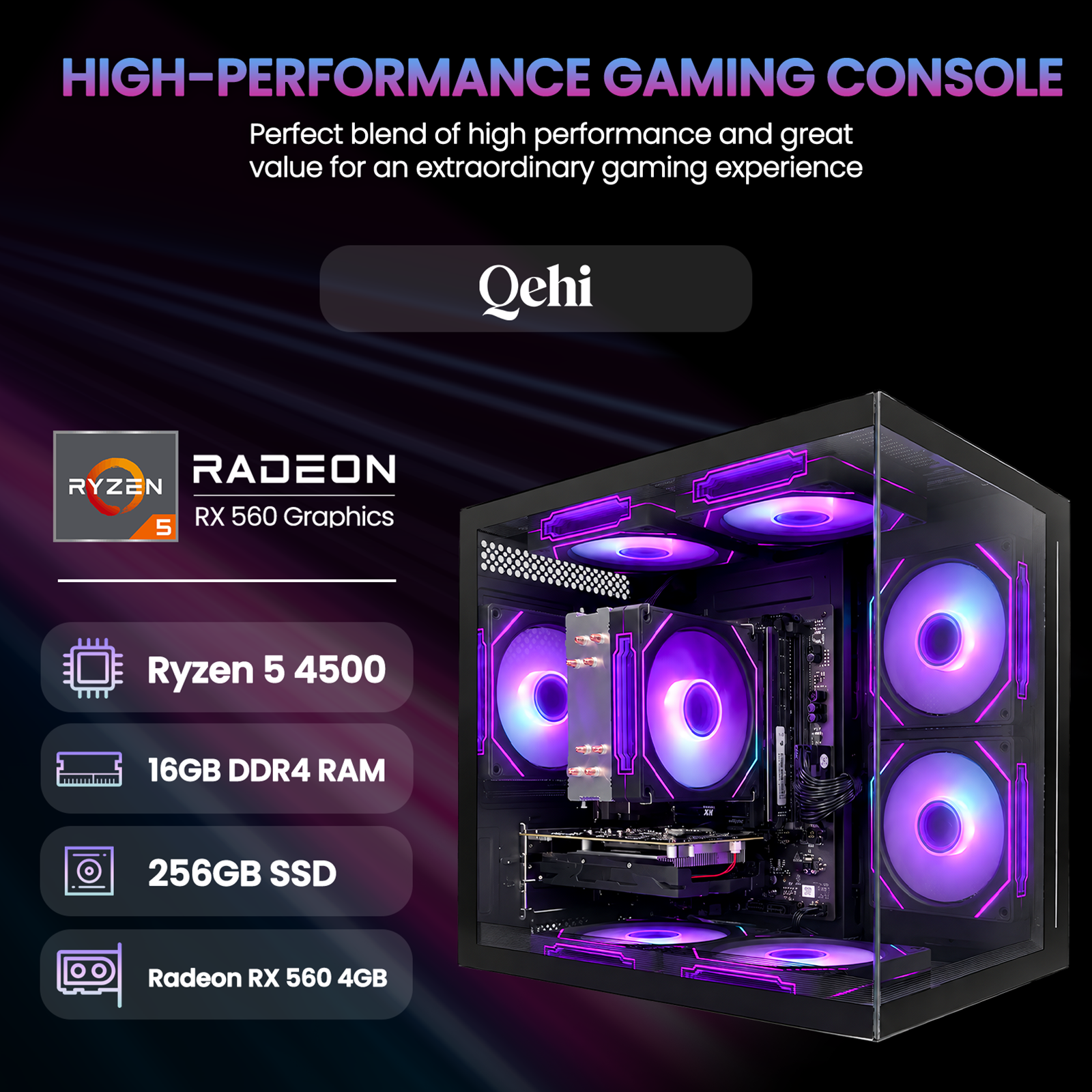 Prebuilt Gaming Desktop PC，Ryzen 5 4500(6Core-3.6G Up to 4.1G) 16GB DDR4 RAM | 256GB SSD| RX560 4G GPU | Wi-Fi 6 | 8 RGB Fans,for Home Office Gaming Tower Computer