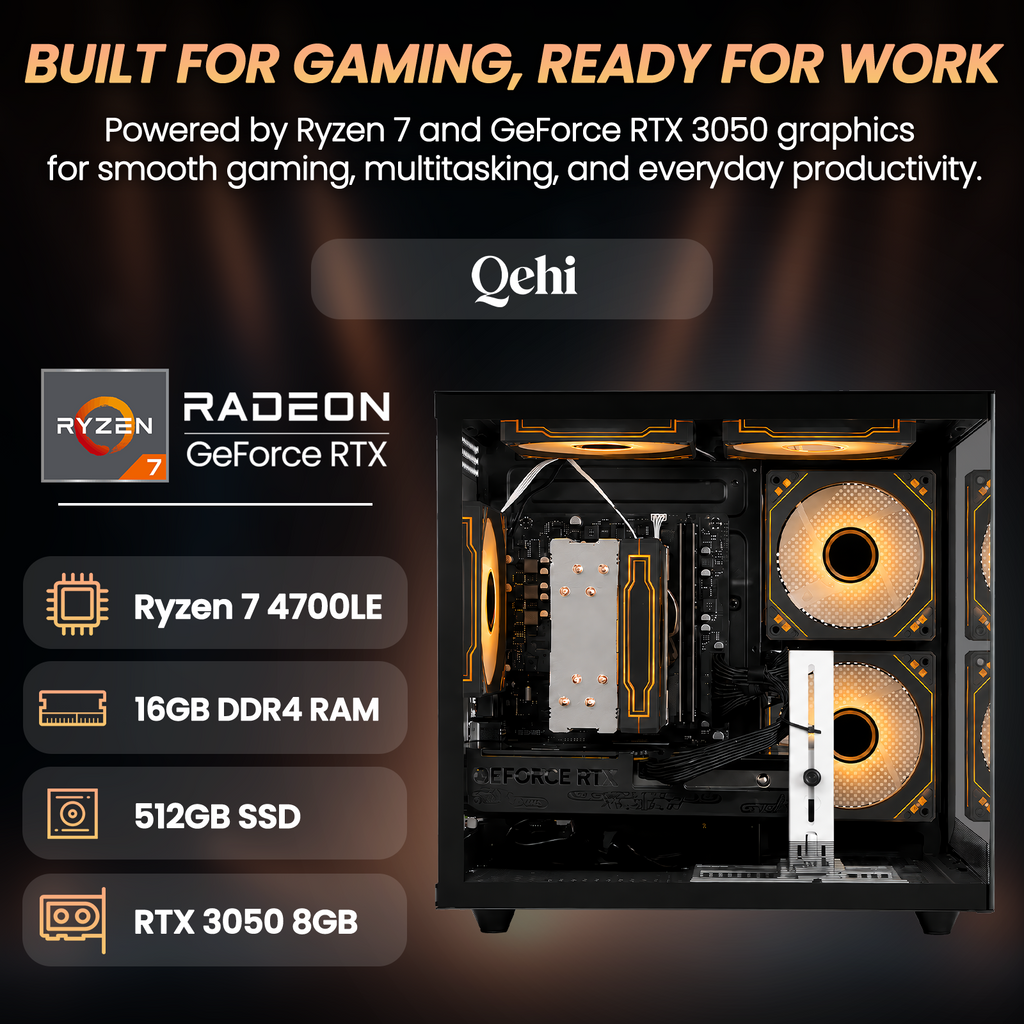 Prebuilt Gaming PC Desktop, Ryzen 7 4700LE (8Core 16Threads), RTX3050 8G | 16G DDR4 RAM | 512G SSD | WiFi 6 | Gamers Computers Tower for Gaming, Streaming, Editing, Home & Office