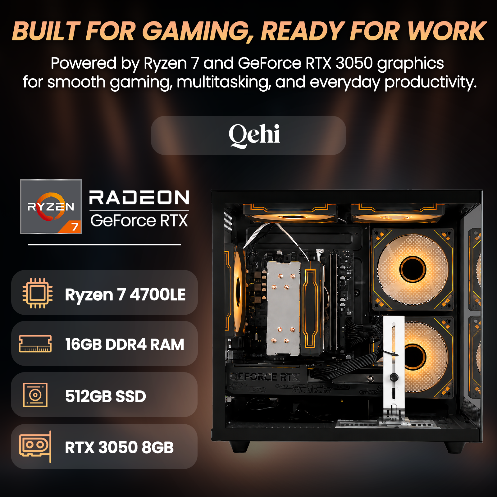 Prebuilt Gaming PC Desktop, Ryzen 7 4700LE (8Core 16Threads), RTX3050 8G | 16G DDR4 RAM | 512G SSD | WiFi 6 | Gamers Computers Tower for Gaming, Streaming, Editing, Home & Office