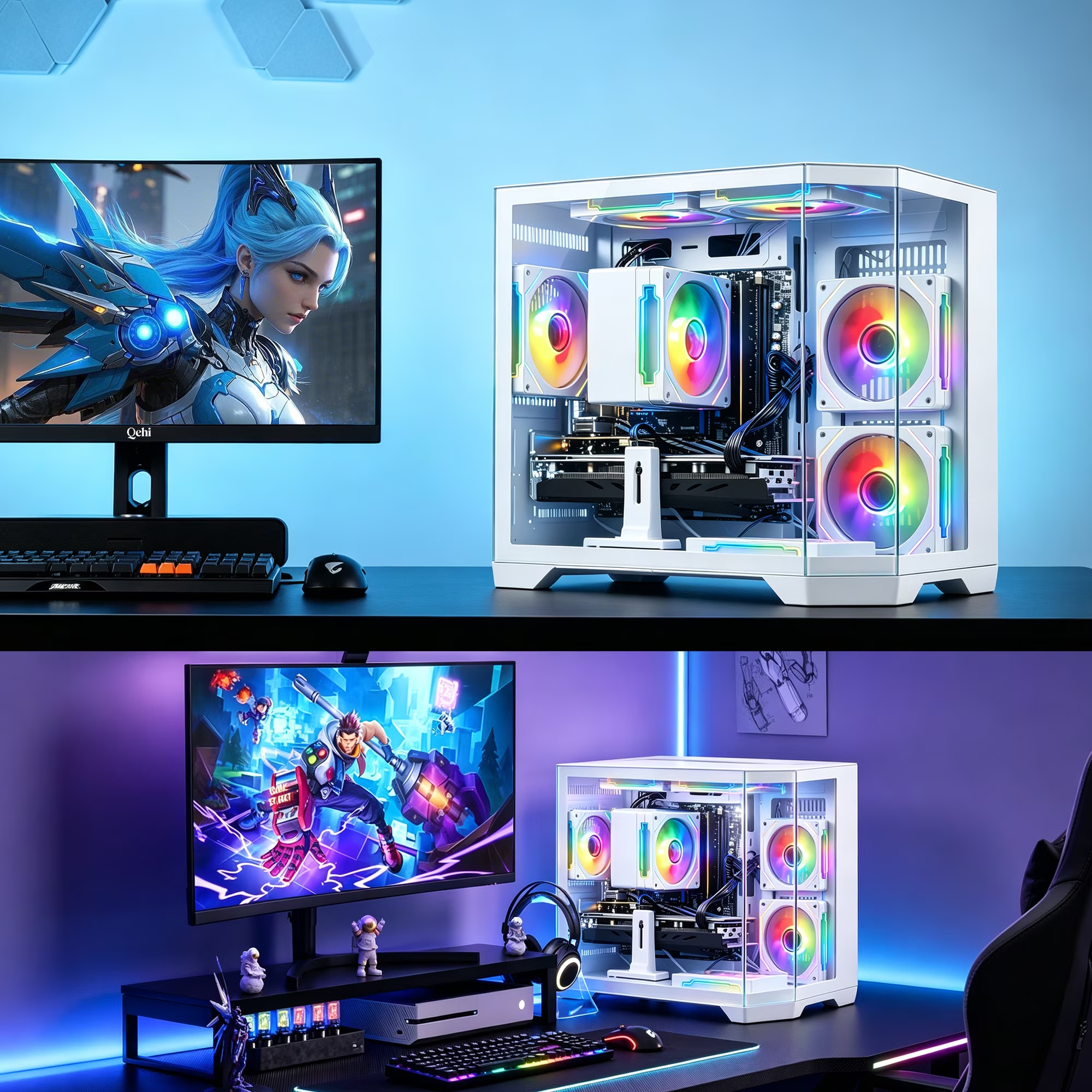 Qehi Gaming PC Desktop, Core I7, RX580 8GB, 16G RAM, 512GB NVME 3.0 SSD , RGB Lighting, WIFI6,400W, White