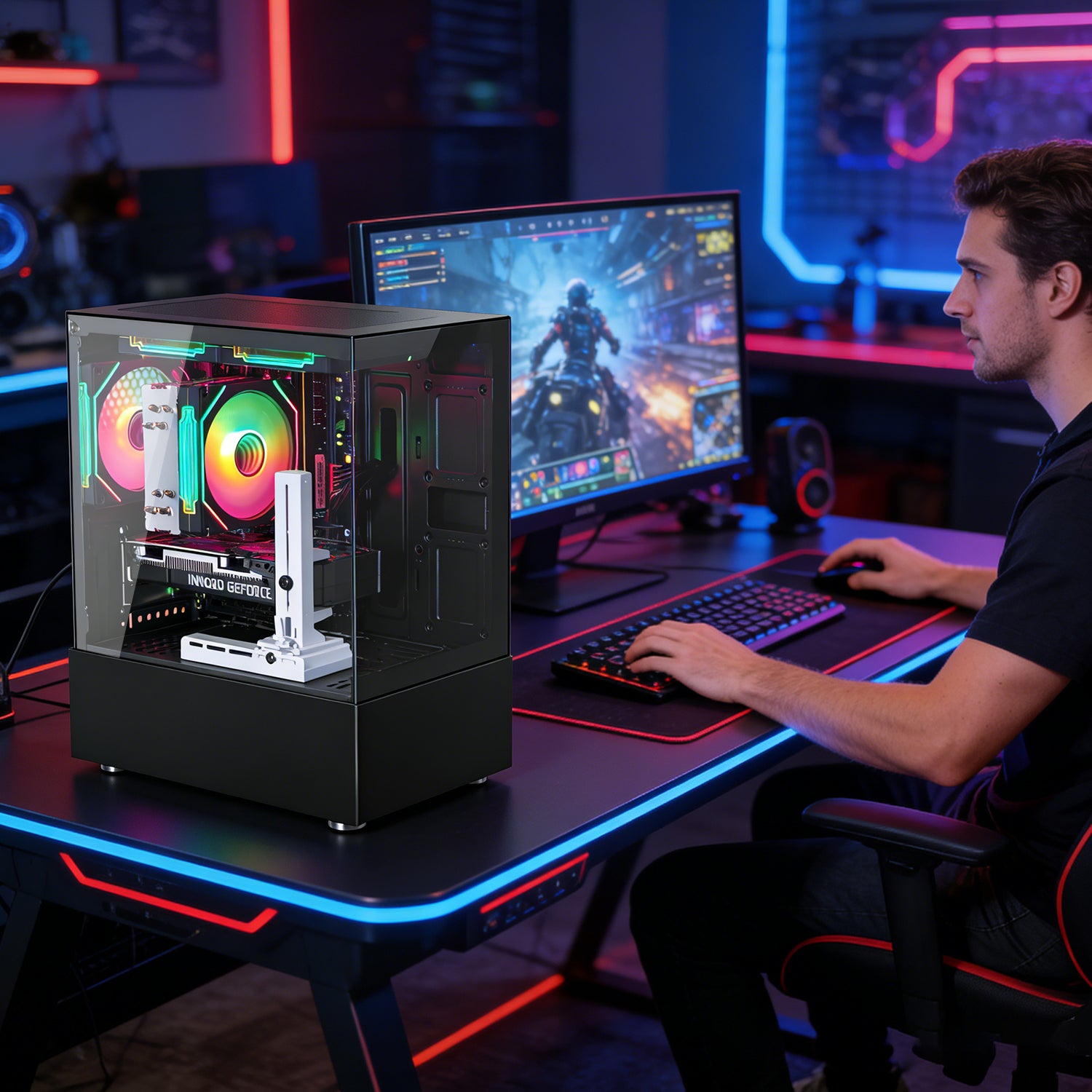 Qehi Gaming PC Desktop Ryzen 7 5700X | 16GB DDR4 RAM | GeForce RTX 3050 6GB | WIFI6 | High-Performance Gaming & Design Computer, Black Tower PC