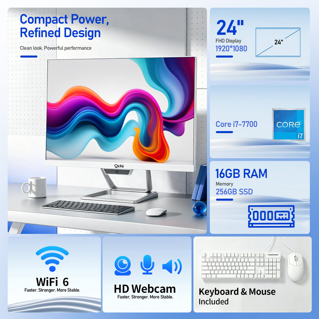 Qehi 24 inch All-in-One PC Desktop Computer Core I7, 16G RAM 256G SSD Wi-Fi6, 1080P Gaming All in One Business Display for Home Office with Keyboard & Mouse
