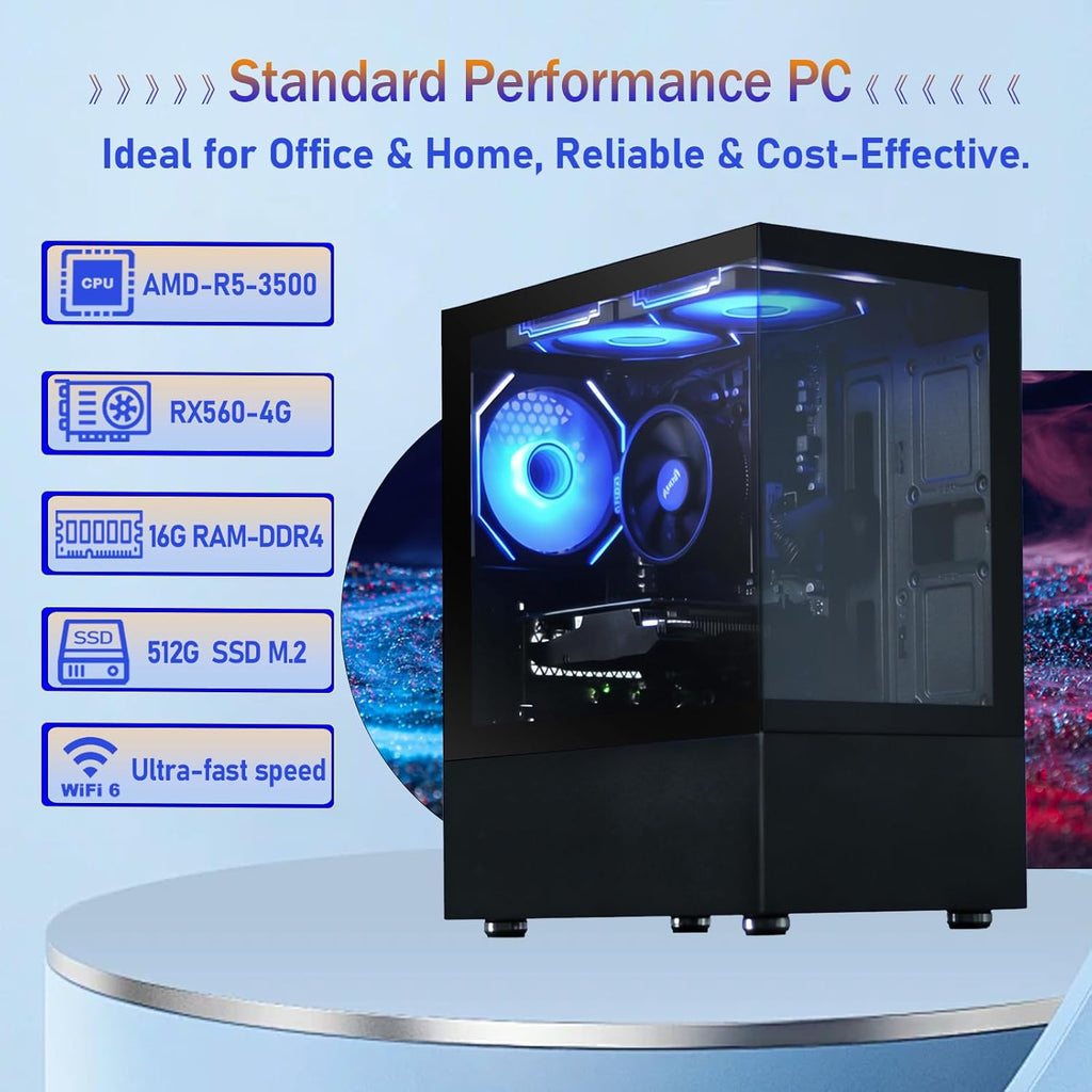 Prebuilt Black RGB Gaming PC Desktop | Ryzen 5, 16GB RAM, 512GB SSD, RX 560 4GB