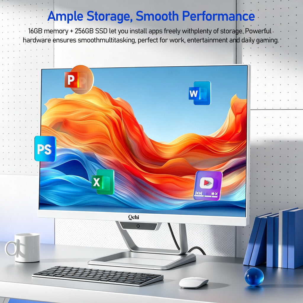 Qehi 24 inch All-in-One PC Desktop Computer Core I7, 16G RAM 256G SSD Wi-Fi6, 1080P Gaming All in One Business Display for Home Office with Keyboard & Mouse