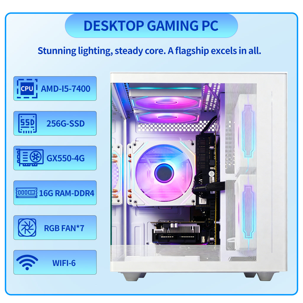 Qehi Gaming PC Desktop, Core i5 16G , RX550 4GB, 16G RAM, NVME/3.0/256G , RGB Lighting, White