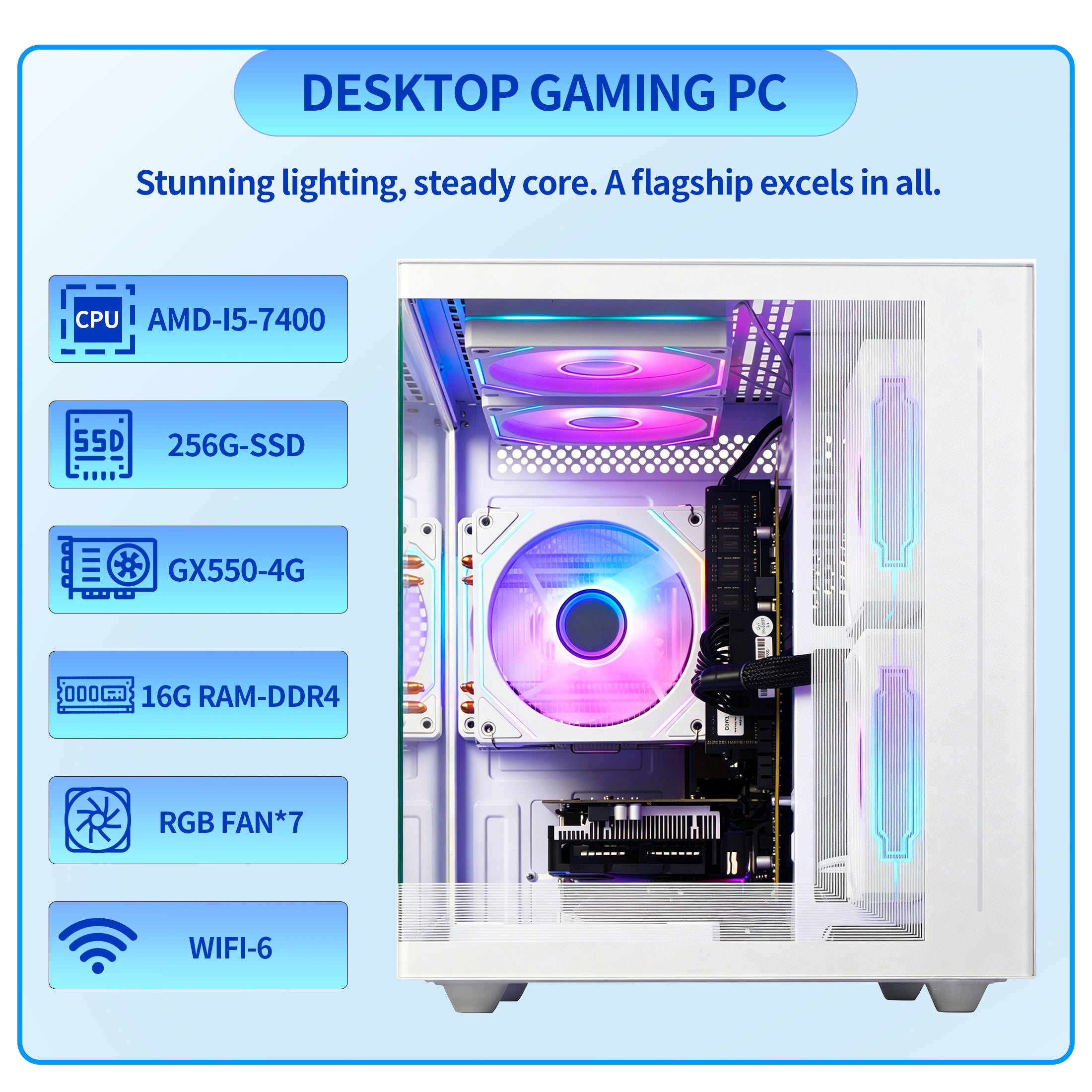 Qehi Gaming PC Desktop, Core i5 16G , RX550 4GB, 16G RAM, NVME/3.0/256G , RGB Lighting, White
