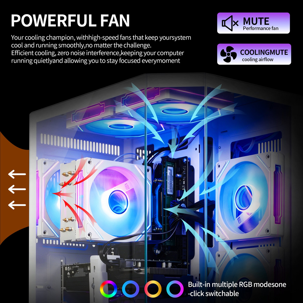 Qehi Gaming PC Desktop, Core I7, RX580 8GB, 16G RAM, 512GB NVME 3.0 SSD , RGB Lighting, WIFI6,400W, White