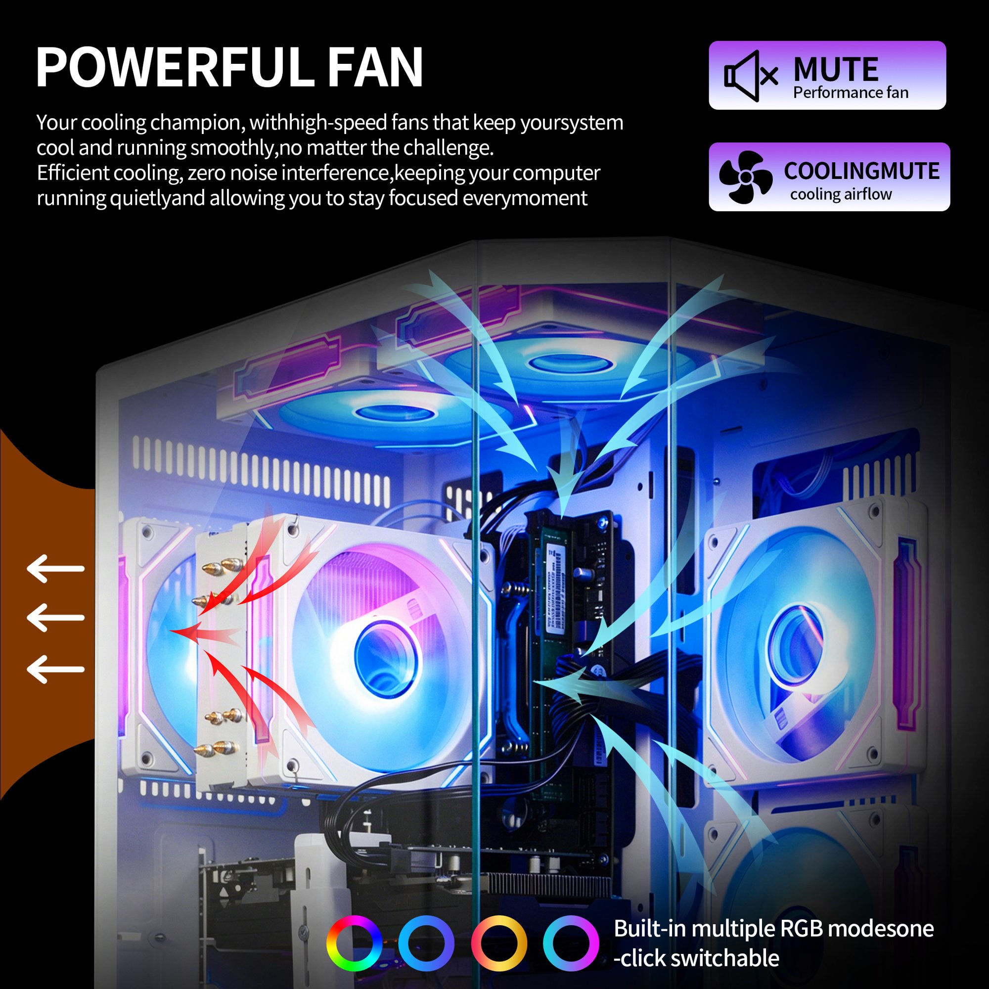 Qehi Gaming PC Desktop, Core I7, RX580 8GB, 16G RAM, 512GB NVME 3.0 SSD , RGB Lighting, WIFI6,400W, White