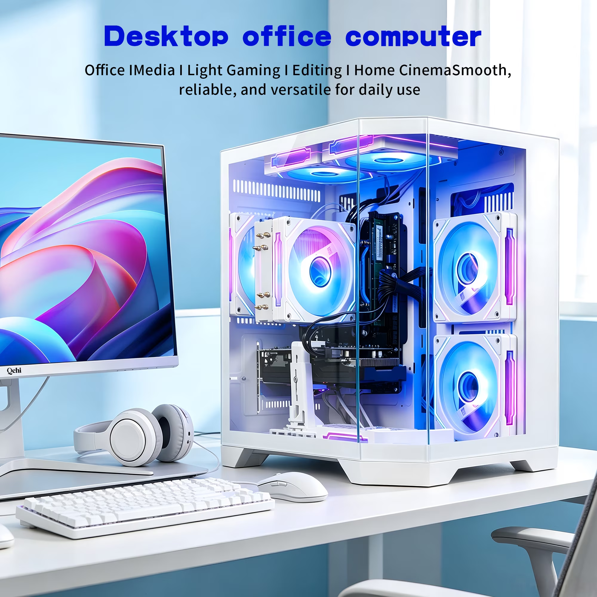 Qehi Gaming PC Desktop, Core I7, RX580 8GB, 16G RAM, 512GB NVME 3.0 SSD , RGB Lighting, WIFI6,400W, White
