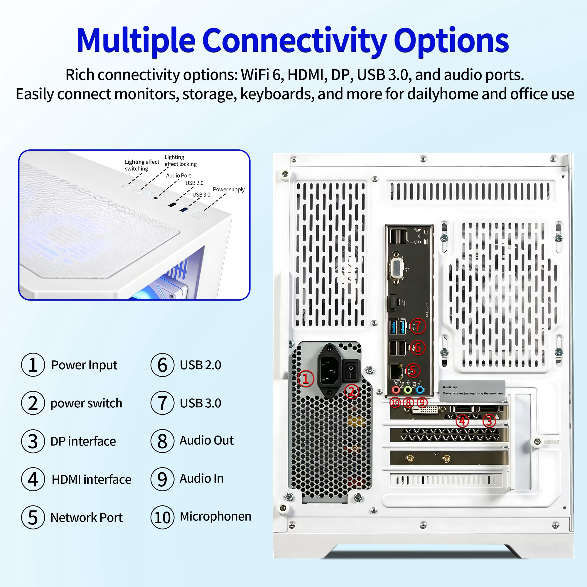 Qehi Gaming PC Desktop, Core I7, RX580 8GB, 16G RAM, 512GB NVME 3.0 SSD , RGB Lighting, WIFI6,400W, White