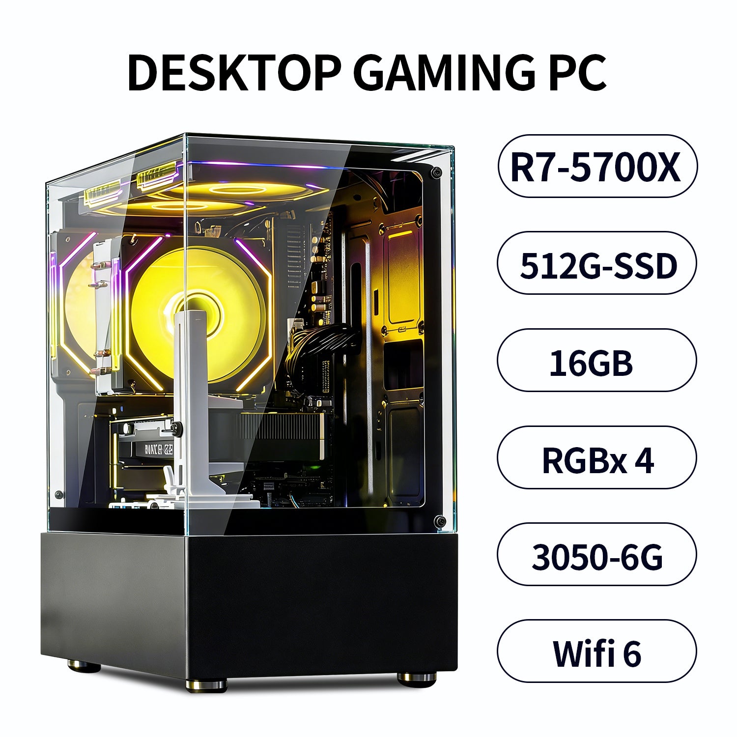 Qehi Gaming PC Desktop Ryzen 7 5700X | 16GB DDR4 RAM | GeForce RTX 3050 6GB | WIFI6 | High-Performance Gaming & Design Computer, Black Tower PC