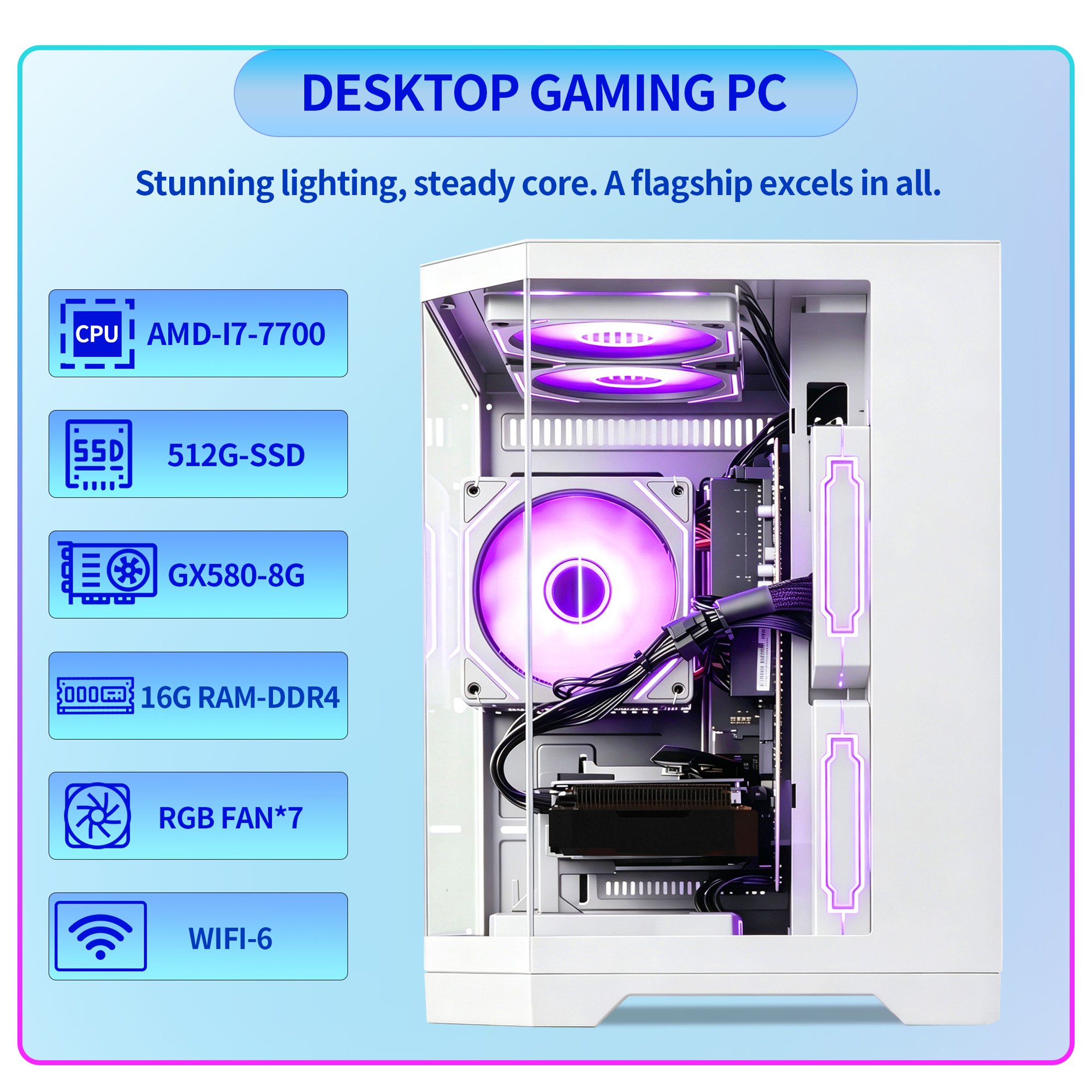 Qehi Gaming PC Desktop, Core I7, RX580 8GB, 16G RAM, 512GB NVME 3.0 SSD , RGB Lighting, WIFI6,400W, White