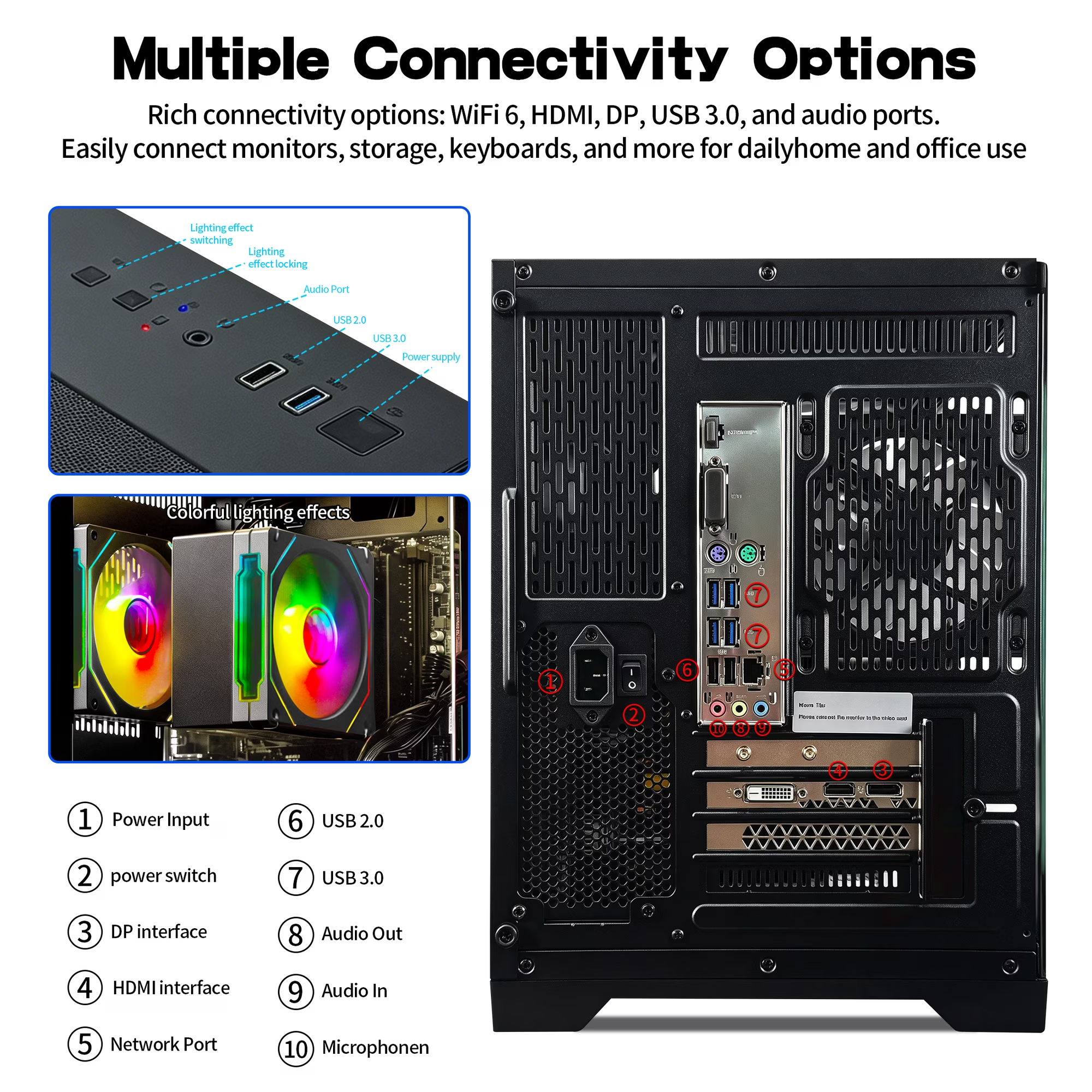 Qehi Gaming Desktop PC, Ryzen 7 , RTX3050 8G，16G RAM，1T SSD ,WIFI6,prebuilt Black pcs