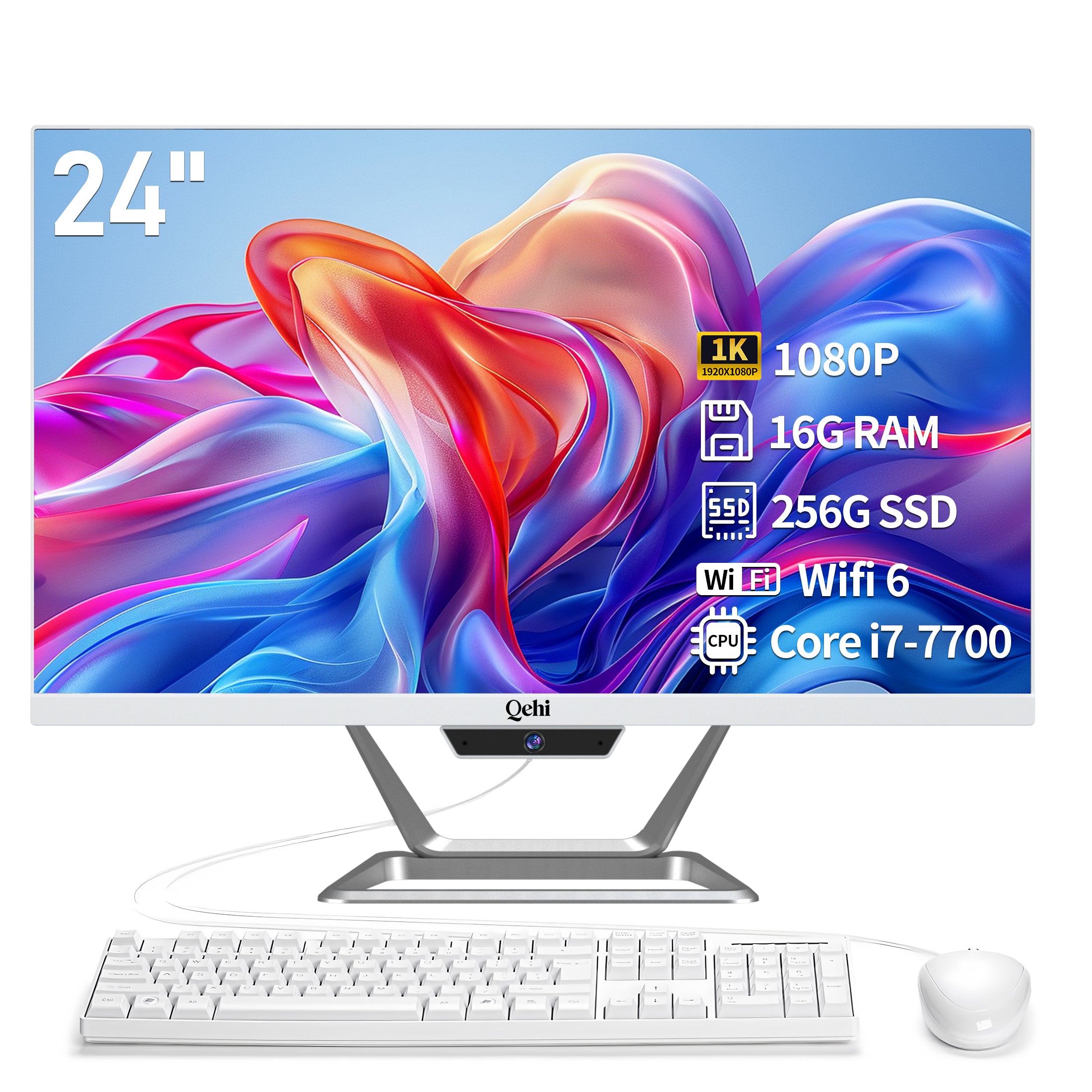 Qehi 24 inch All-in-One PC Desktop Computer Core I7, 16G RAM 256G SSD Wi-Fi6, 1080P Gaming All in One Business Display for Home Office with Keyboard & Mouse